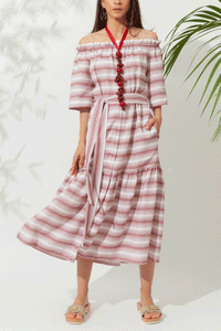 MIDI OFF SHOULDER DRESS "PSARA" WHITE/WINE RED