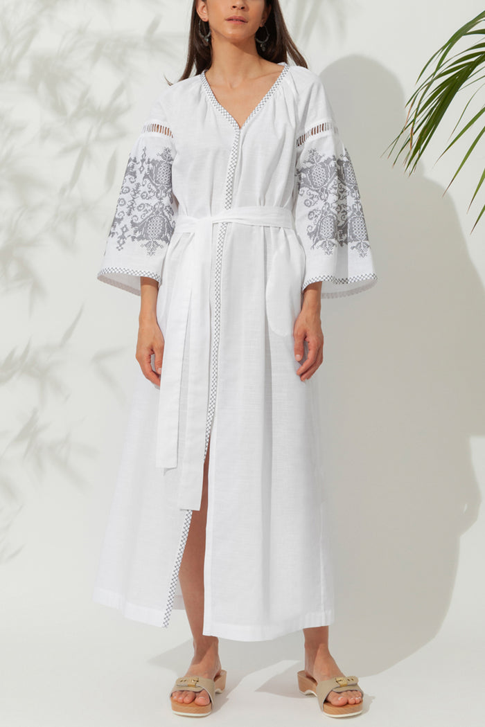 EMBROIDRED KAFTAN DRESS "PENELOPE" WHITE/GREY