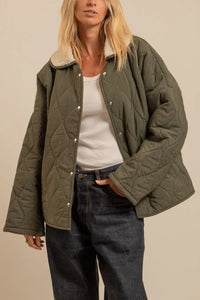 OVERSIZED PADDED JACKET WITH TEDDY LINING & COLLAR KHAKI