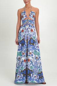 LONG DRESS WITH CUT-OUTS "ELAFONISI" WHITE/BLUE