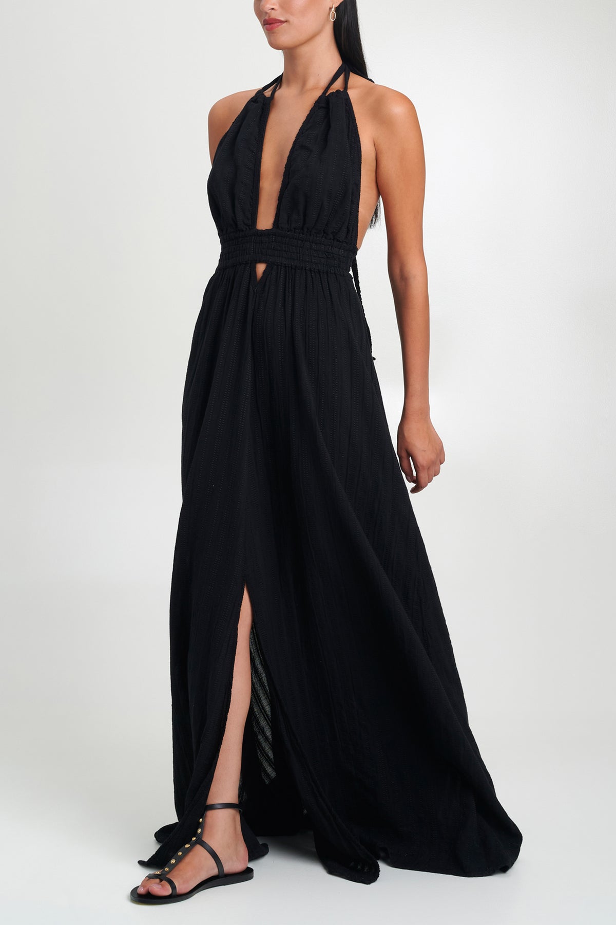LONG NECKHOLDER SLITTED DRESS "SIFNOS" BLACK