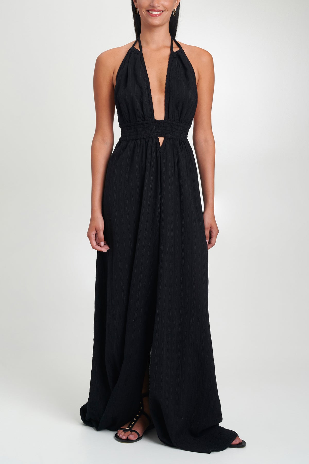 LONG NECKHOLDER SLITTED DRESS "SIFNOS" BLACK