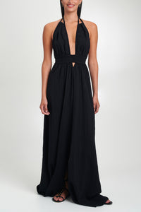 LONG NECKHOLDER SLITTED DRESS "SIFNOS" BLACK