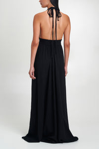 LONG NECKHOLDER SLITTED DRESS "SIFNOS" BLACK