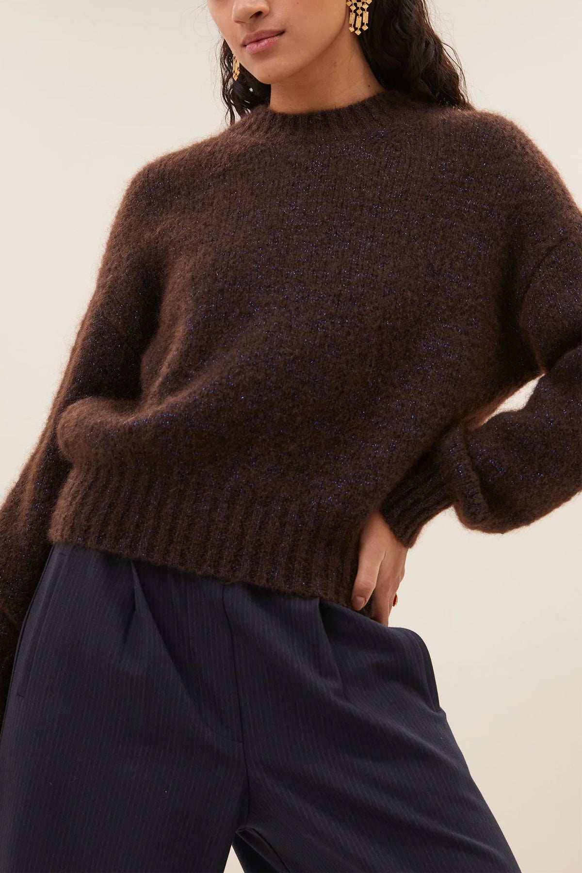MOHAIR KNIT PULLOVER "SPARKLE" DARK BROWN LUREX
