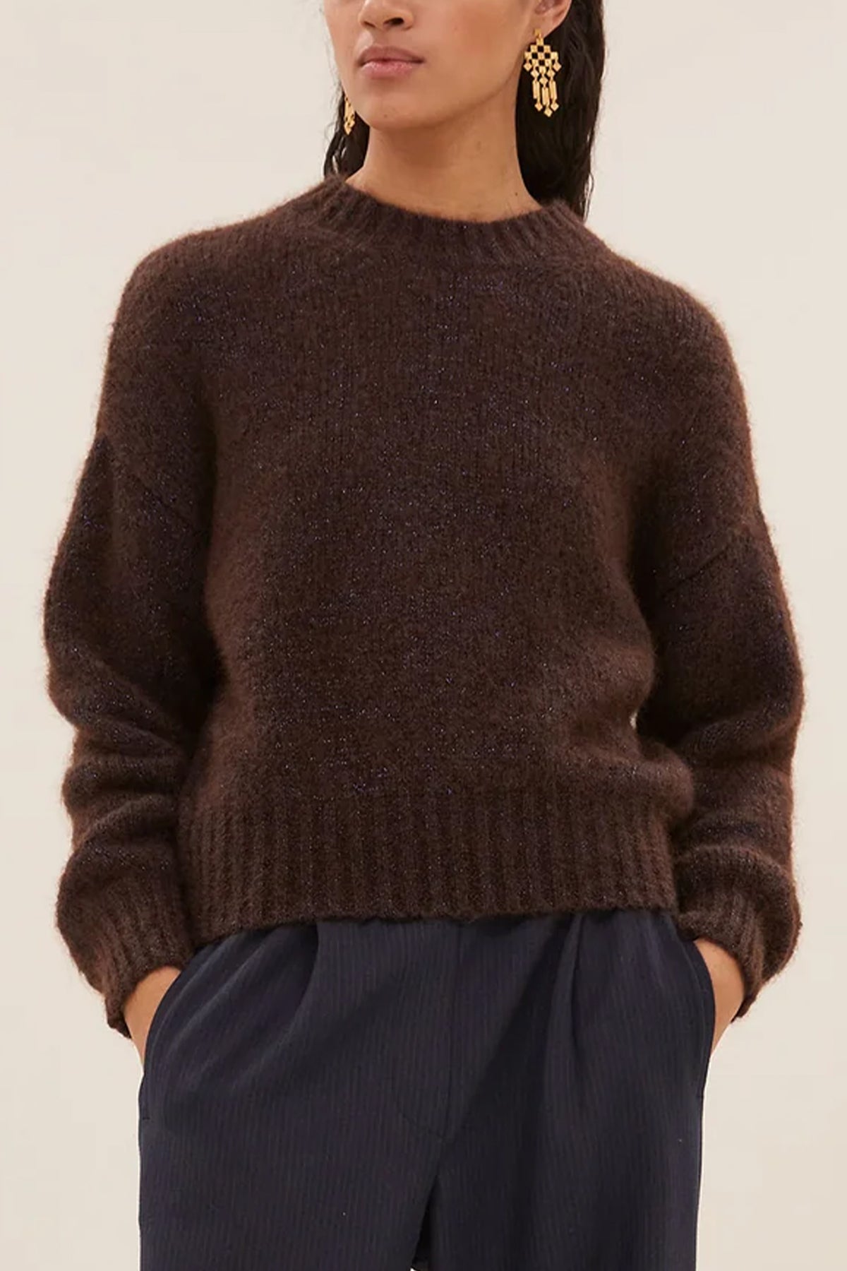MOHAIR KNIT PULLOVER "SPARKLE" DARK BROWN LUREX