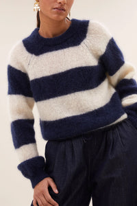 MOHAIR KNIT PULLOVER "STRIPES" BLUE/OFF WHITE
