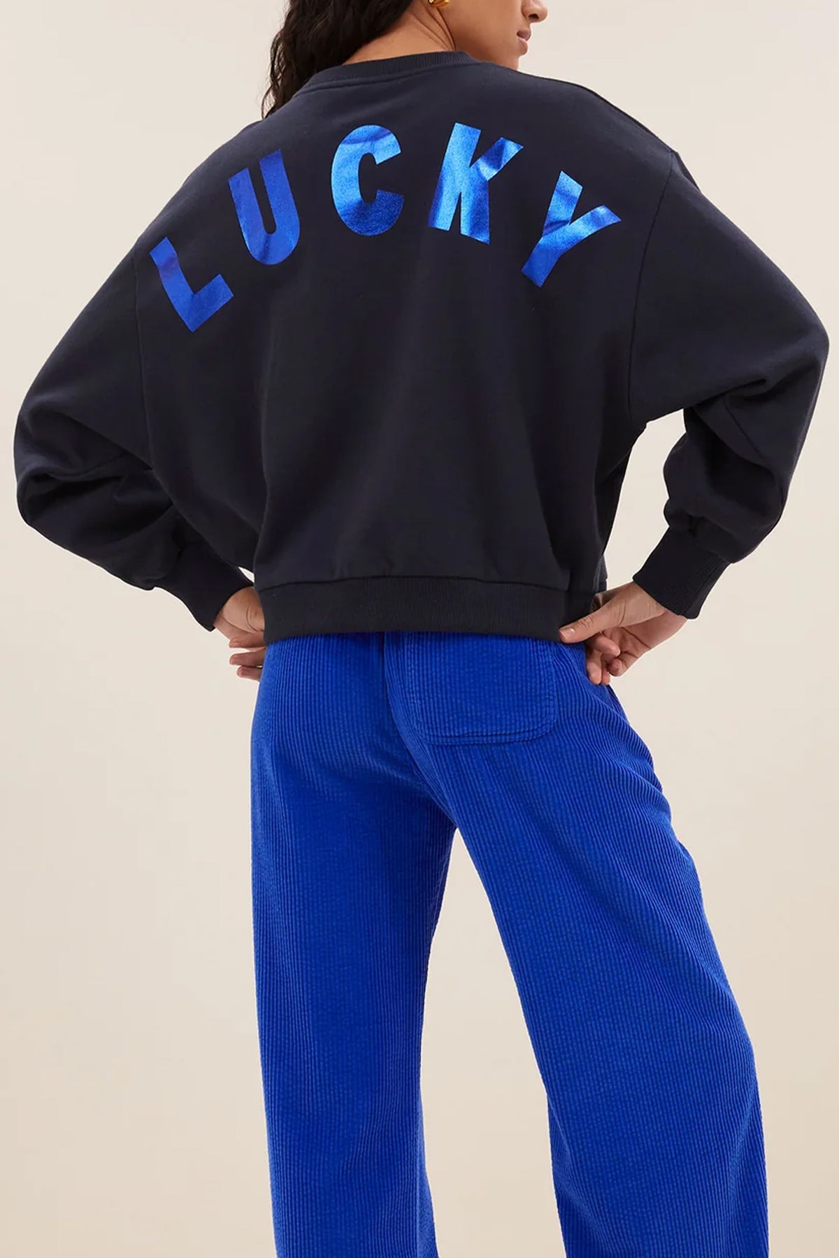 OVERSIZED COTTON SWEATER "LUCKY" NAVY/METALLIC BLUE