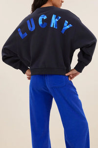 OVERSIZED COTTON SWEATER "LUCKY" NAVY/METALLIC BLUE