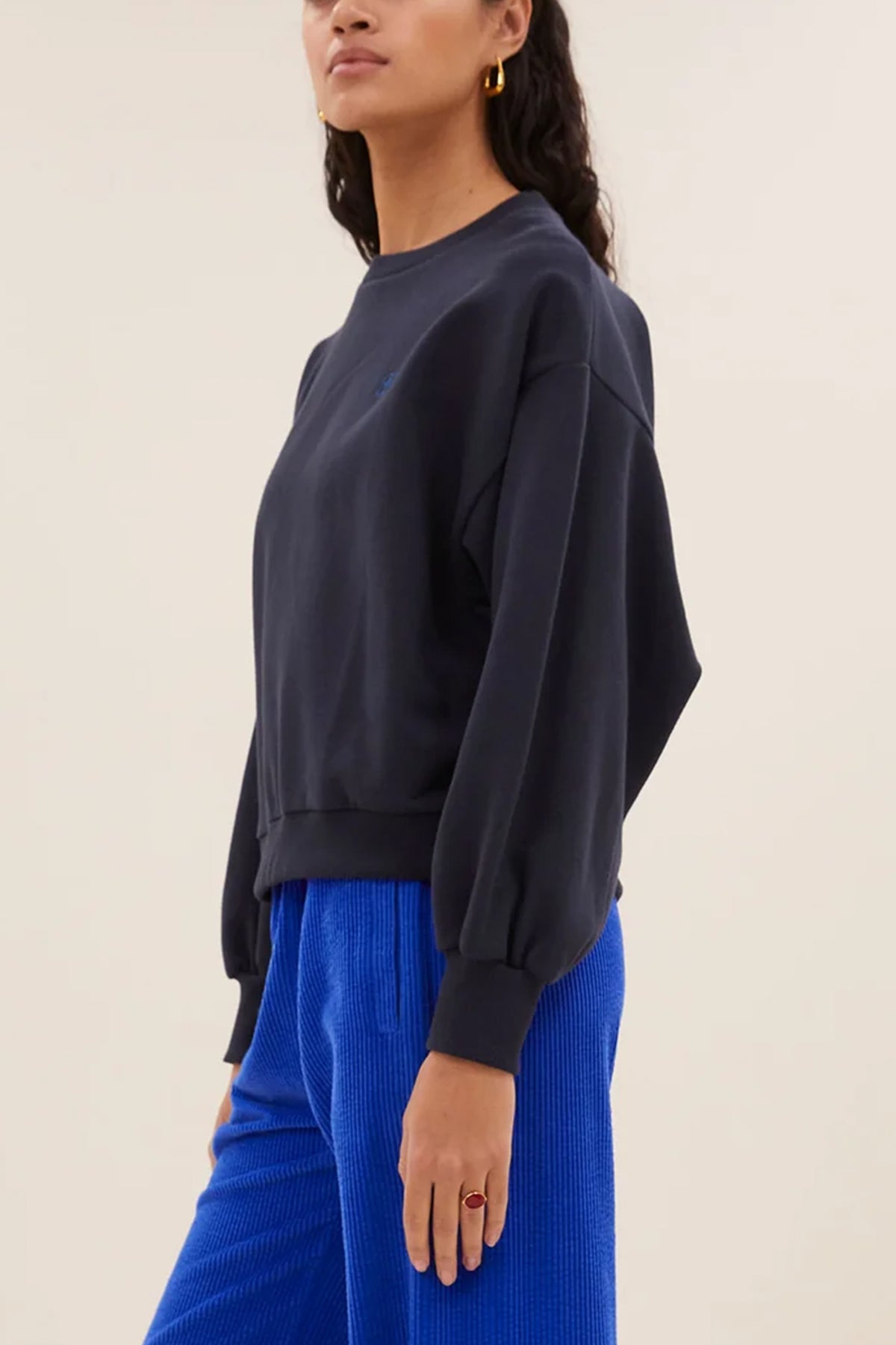 OVERSIZED COTTON SWEATER "LUCKY" NAVY/METALLIC BLUE