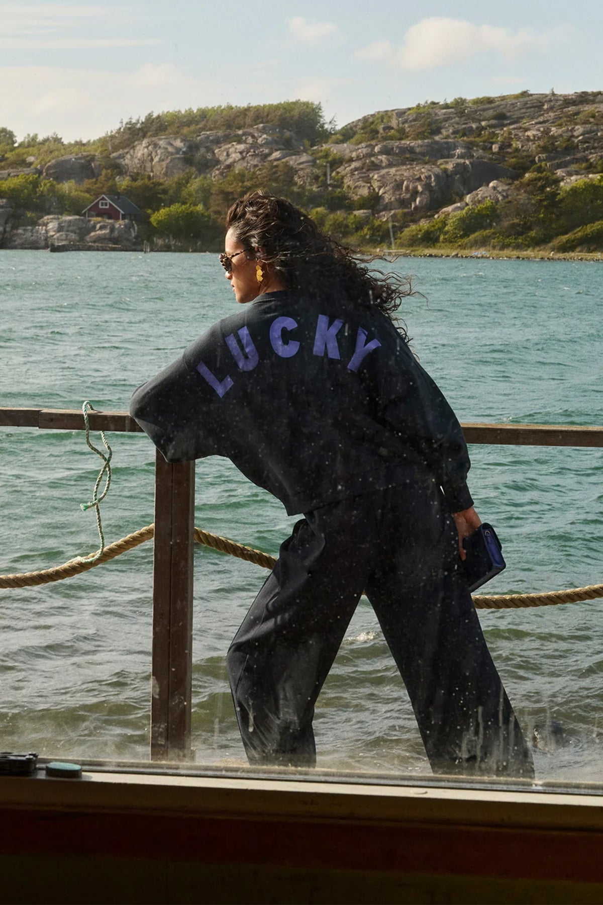 OVERSIZED COTTON SWEATER "LUCKY" NAVY/METALLIC BLUE