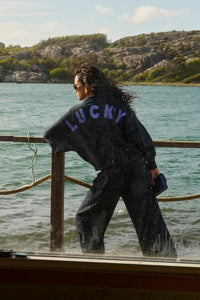 OVERSIZED COTTON SWEATER "LUCKY" NAVY/METALLIC BLUE