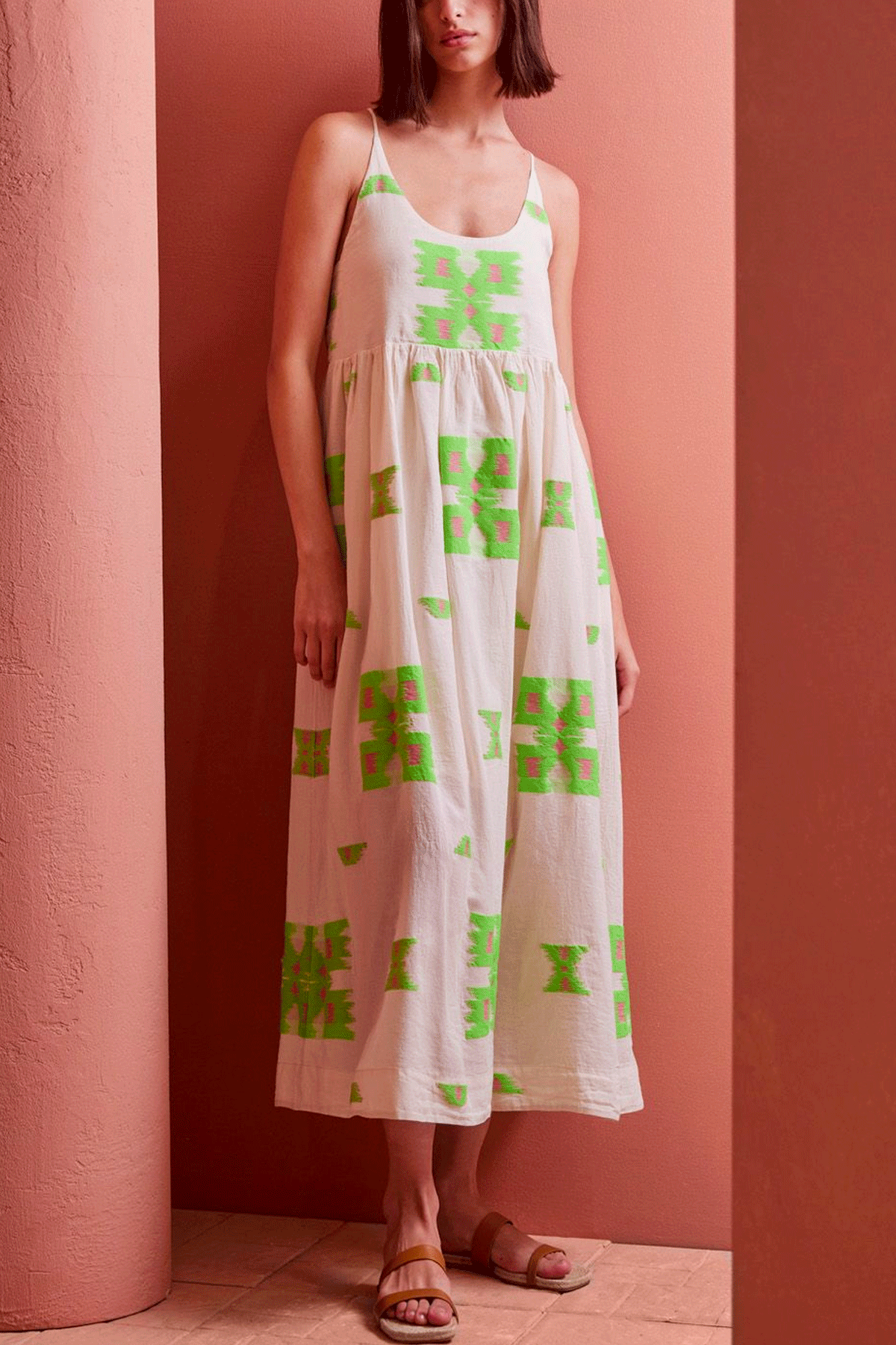 STRAPPY DRESS "MARKELLA" OFFWHITE/GREEN/FUCHSIA