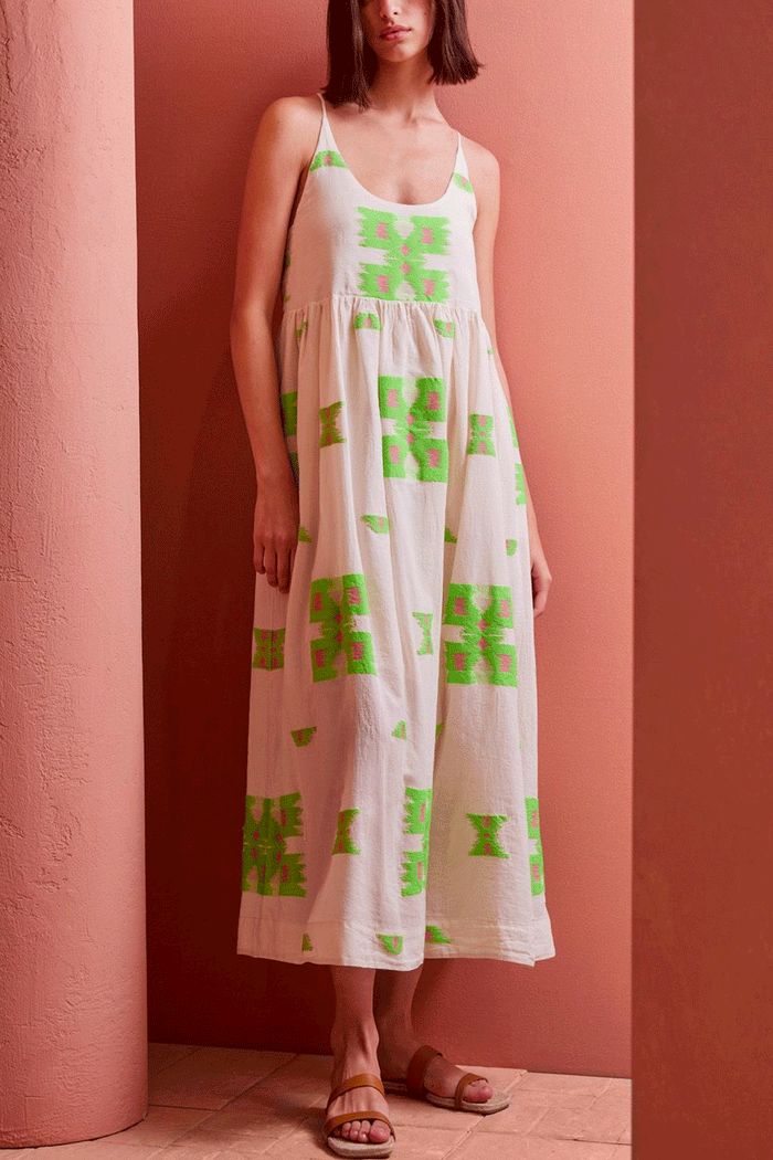 STRAPPY DRESS "MARKELLA" OFFWHITE/GREEN/FUCHSIA