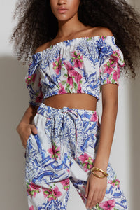 PRINTED CROP TOP "BOUGAINVILLEA" WHITE/BLUE/PINK