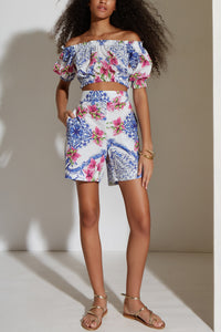 PRINTED CROP TOP "BOUGAINVILLEA" WHITE/BLUE/PINK