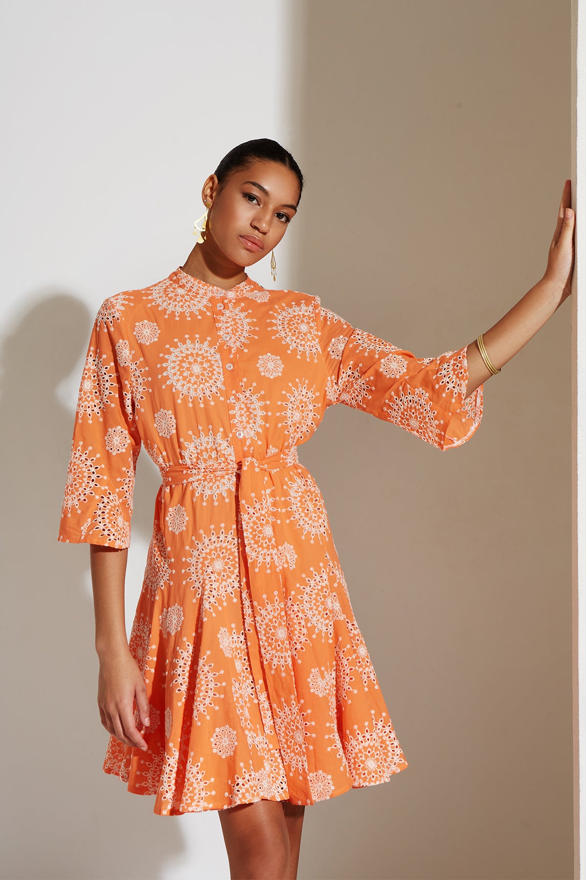 SHORT EMBROIDERED DRESS "SARAH" ORANGE/WHITE