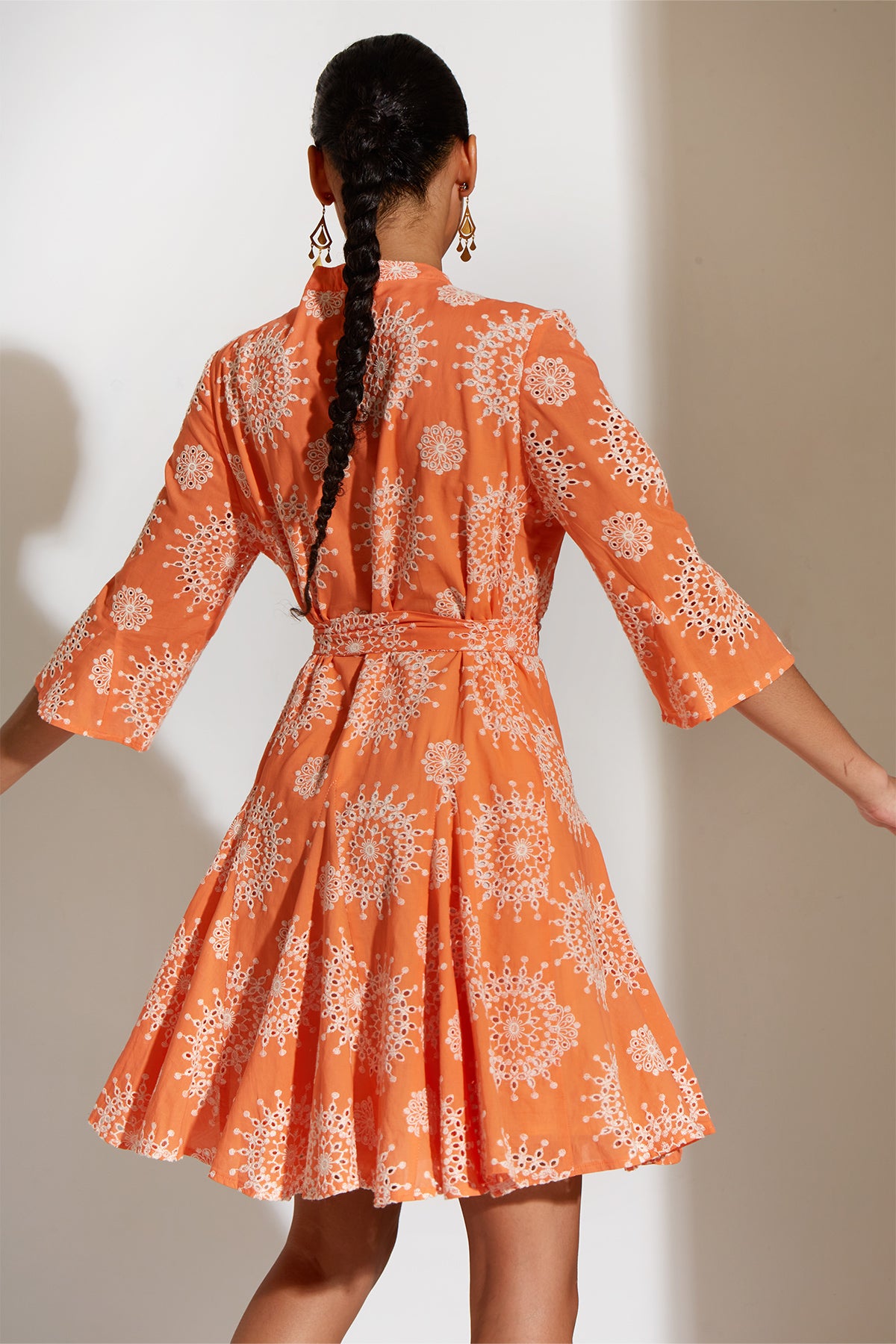 SHORT EMBROIDERED DRESS "SARAH" ORANGE/WHITE