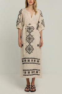 MIDI LINEN DRESS "LEFKADA" BEIGE/BLACK
