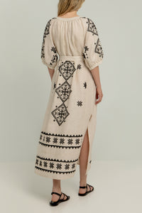 MIDI LINEN DRESS "LEFKADA" BEIGE/BLACK