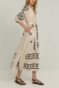 MIDI LINEN DRESS "LEFKADA" BEIGE/BLACK
