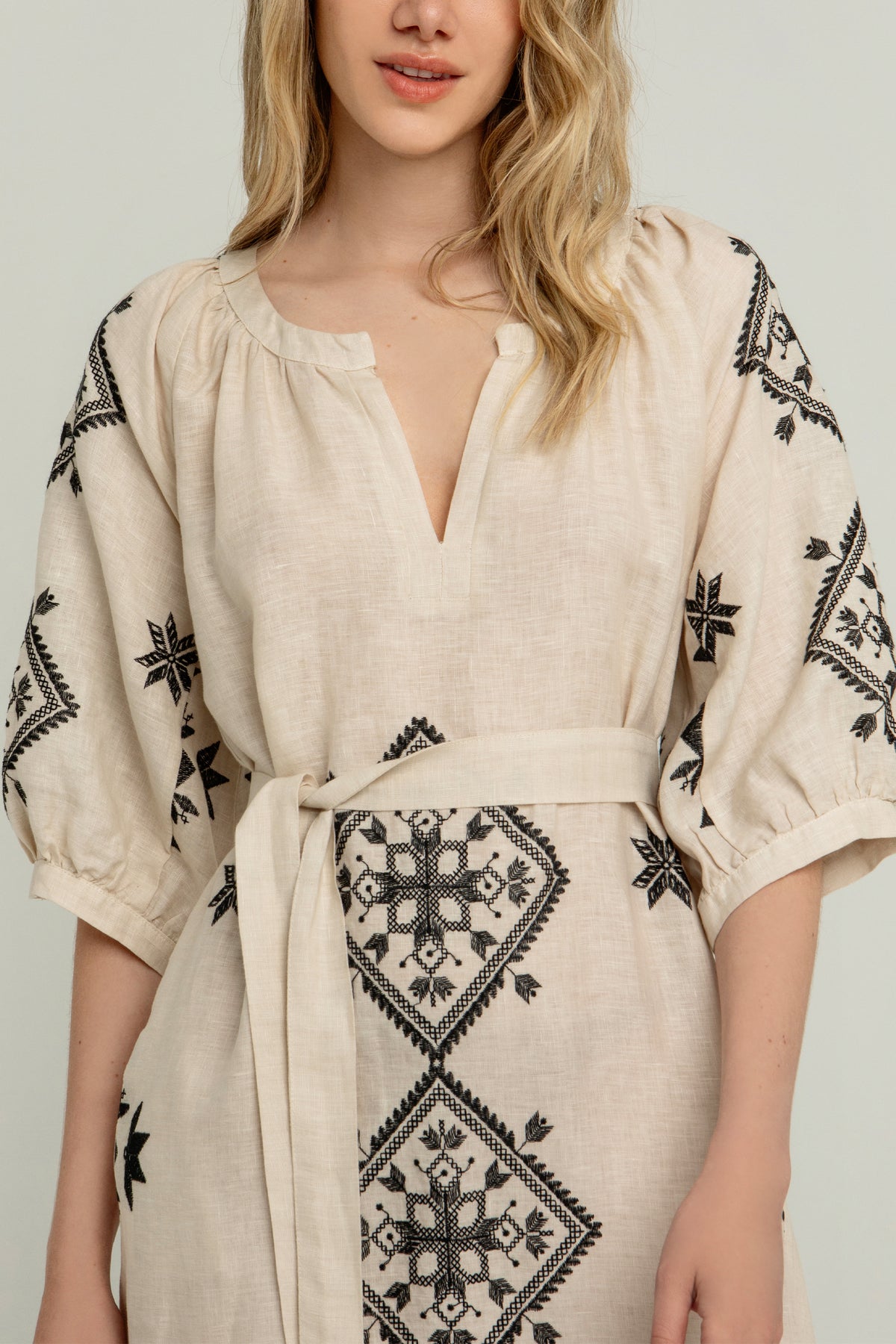 MIDI LINEN DRESS "LEFKADA" BEIGE/BLACK