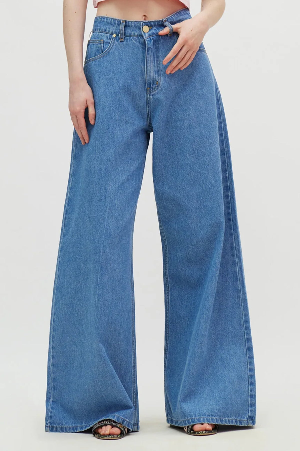EXTRA WIDE LEG DENIM PANTS "SALEM" DARK BLUE WASH