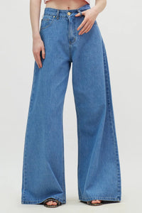 EXTRA WIDE LEG DENIM PANTS "SALEM" DARK BLUE WASH