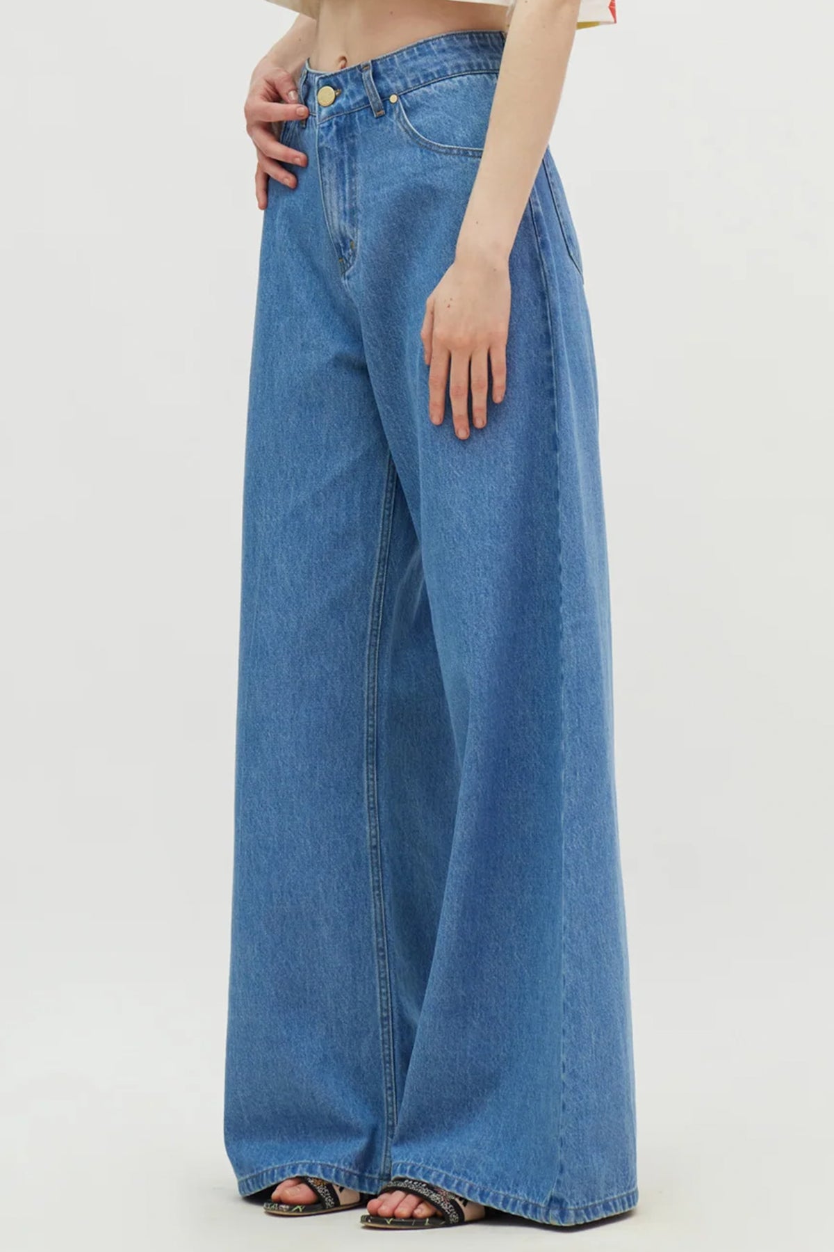 EXTRA WIDE LEG DENIM PANTS "SALEM" DARK BLUE WASH