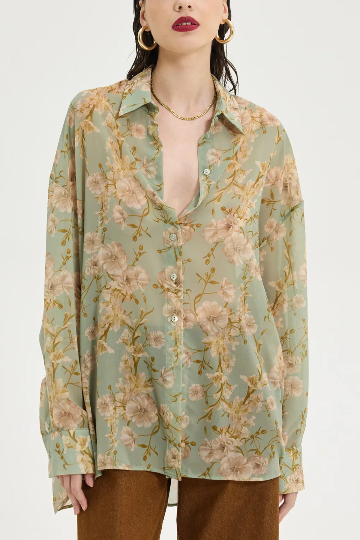 OVERSIZED CHIFFON BLOUSE "FLOWER DREAM" MINT/BEIGE