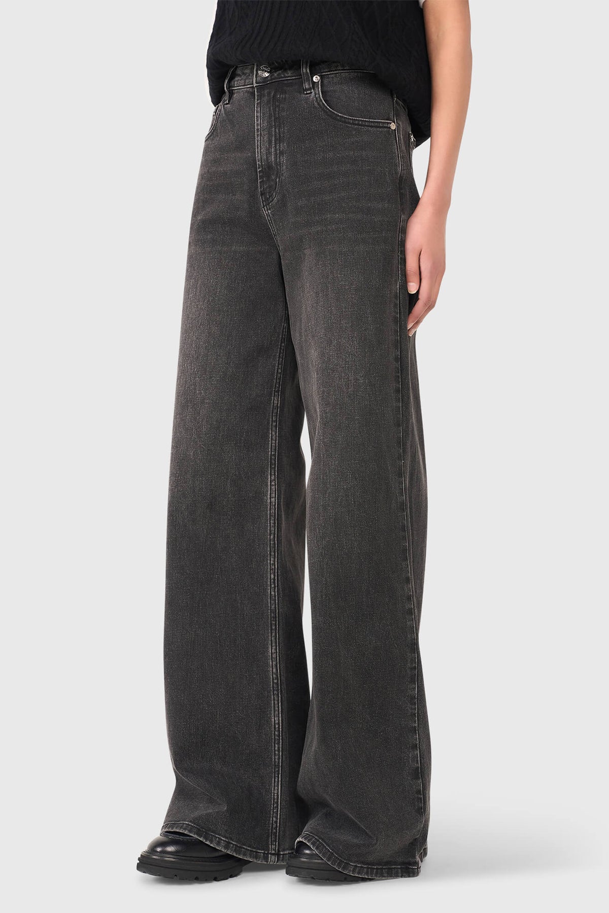 VERY WIDE LEG STRETCH DENIM PANTS DARK GREY