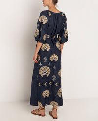LONG LINEN DRESS "MINI PEACOCKS"