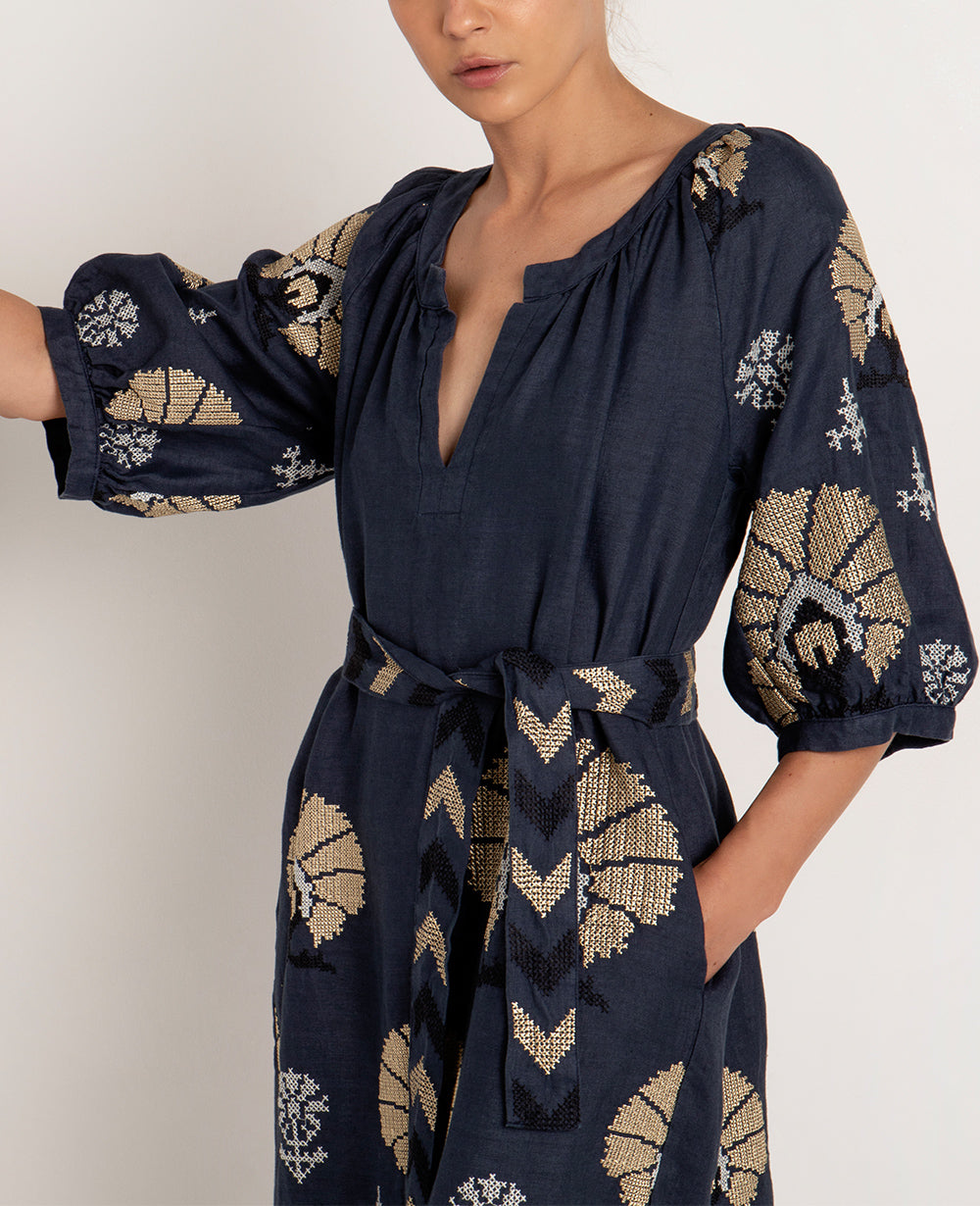 LONG LINEN DRESS "MINI PEACOCKS"