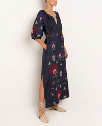 LONG LINEN DRESS "MINI PEACOCKS"