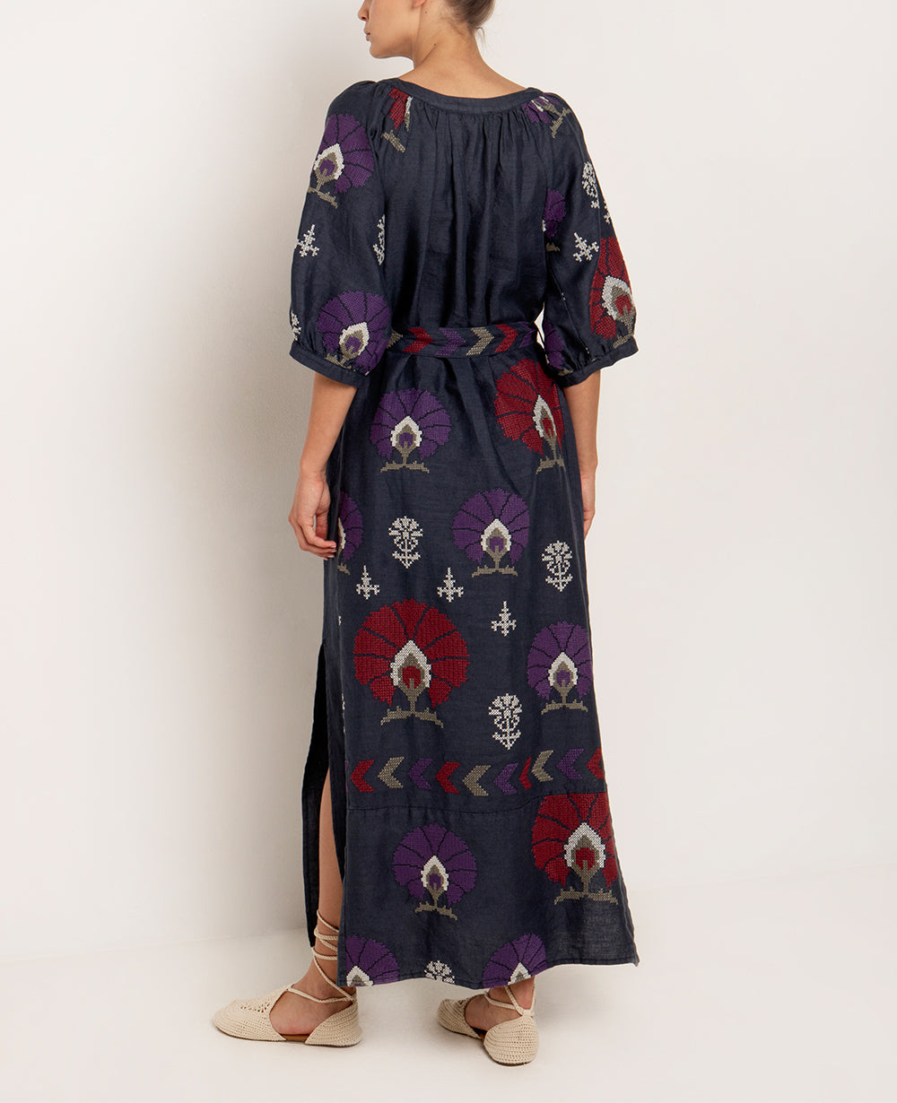LONG LINEN DRESS "MINI PEACOCKS"