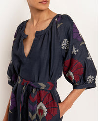 LONG LINEN DRESS "MINI PEACOCKS"