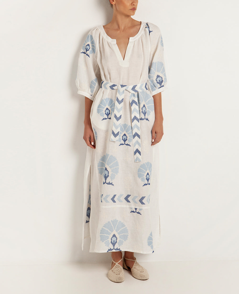 LONG LINEN DRESS "MINI PEACOCKS"