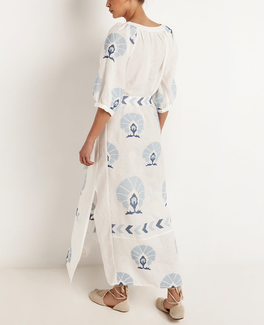 LONG LINEN DRESS "MINI PEACOCKS"