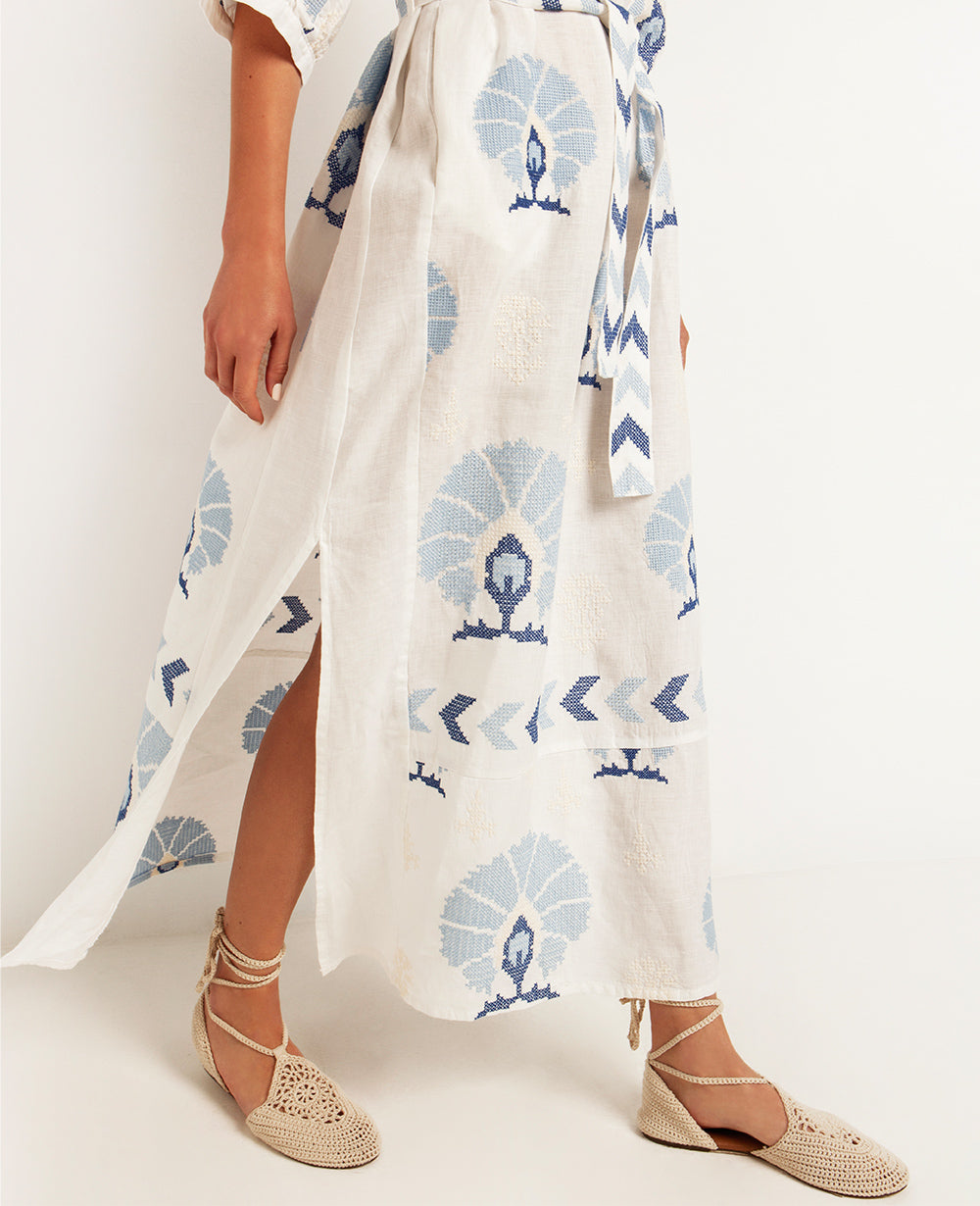 LONG LINEN DRESS "MINI PEACOCKS"