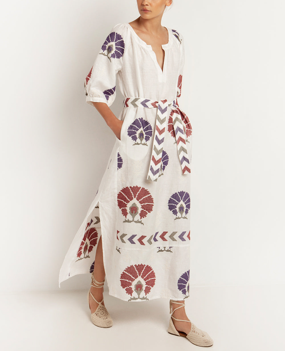 LONG LINEN DRESS "MINI PEACOCKS"