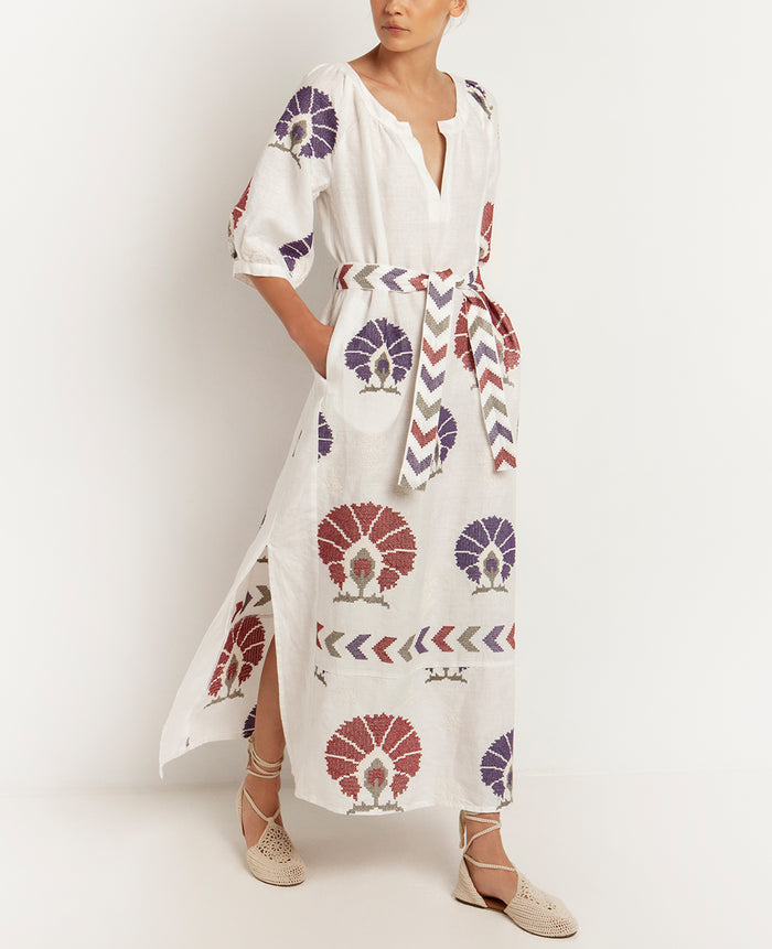 LONG LINEN DRESS "MINI PEACOCKS"