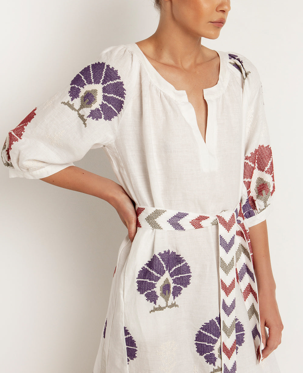 LONG LINEN DRESS "MINI PEACOCKS"