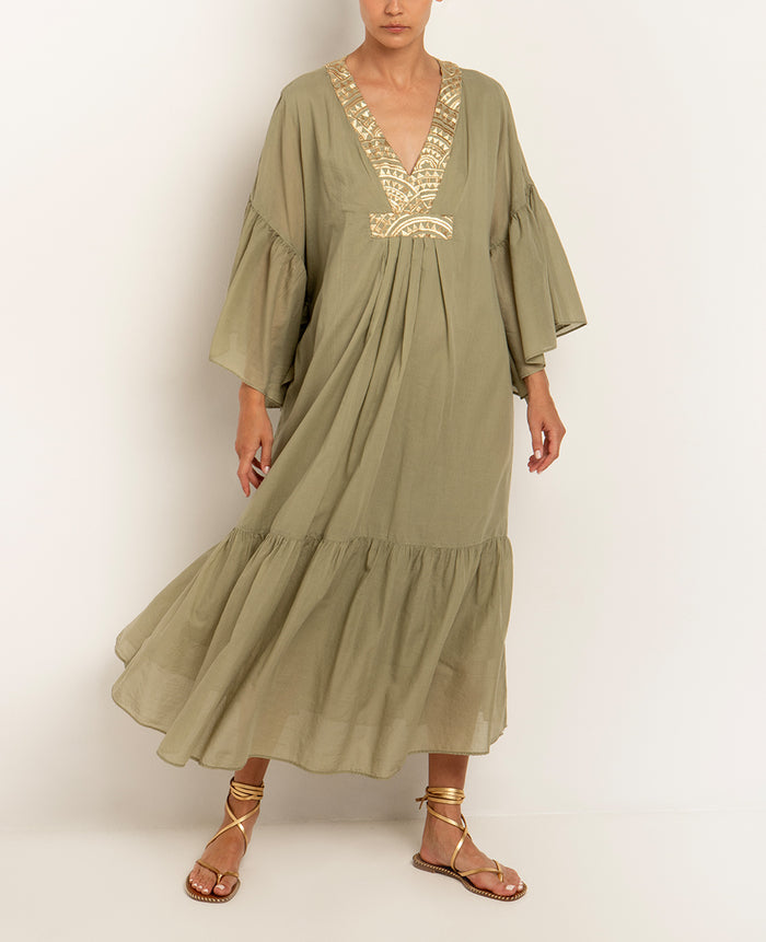 MIDI COTTON DRESS "TRIANGLE" - TEA/GOLD