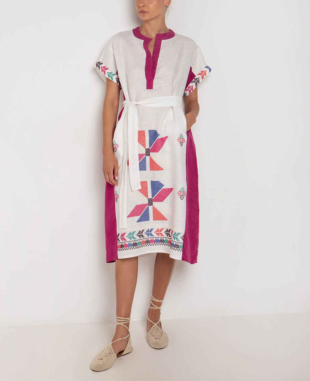 MIDI LINEN DRESS "AEOLIS" WHITE/MAGENTA/MULTICOLOR