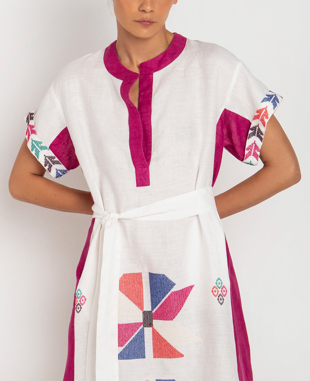 MIDI LINEN DRESS "AEOLIS" WHITE/MAGENTA/MULTICOLOR