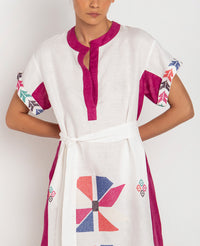 MIDI LINEN DRESS "AEOLIS" WHITE/MAGENTA/MULTICOLOR
