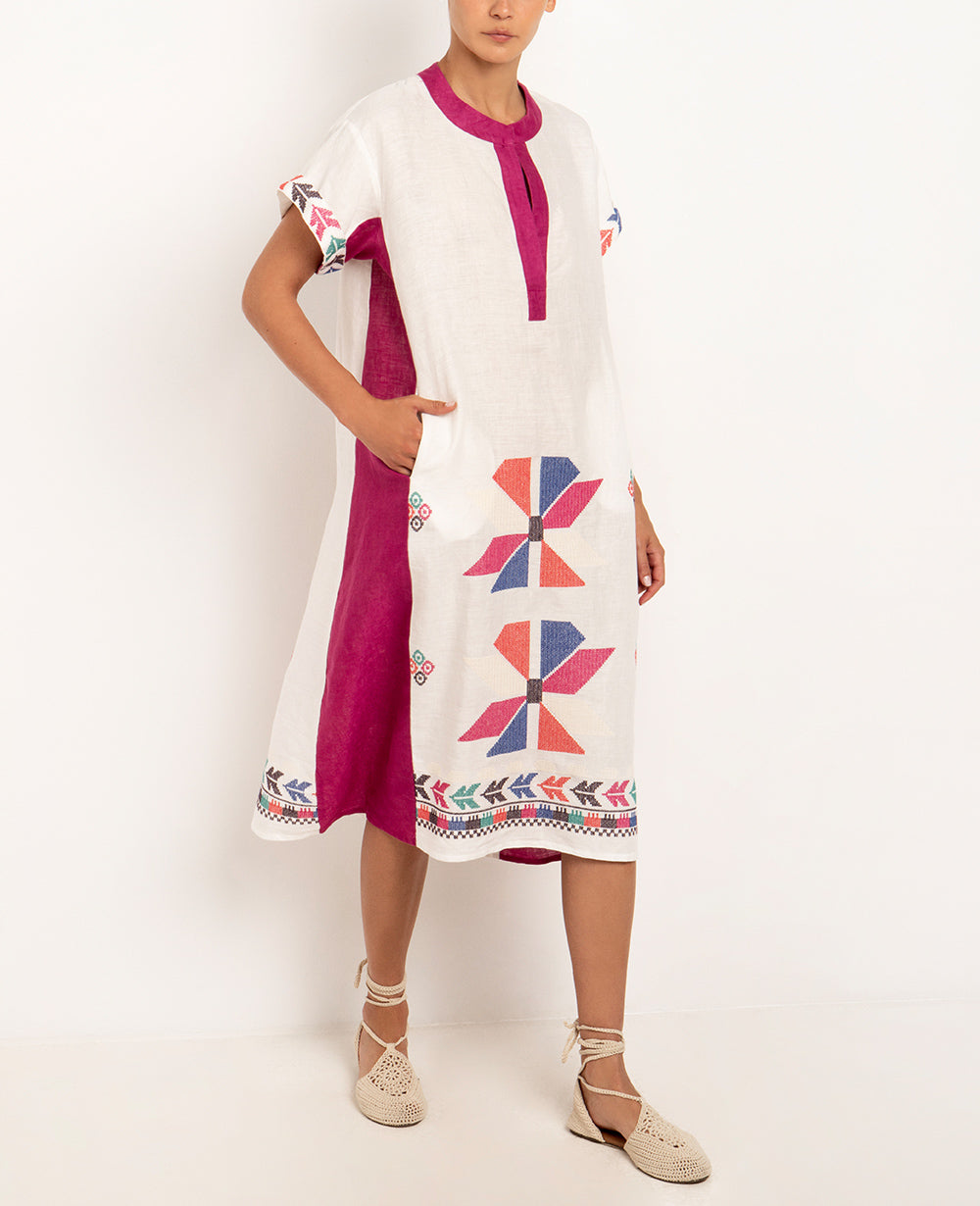 MIDI LINEN DRESS "AEOLIS" WHITE/MAGENTA/MULTICOLOR