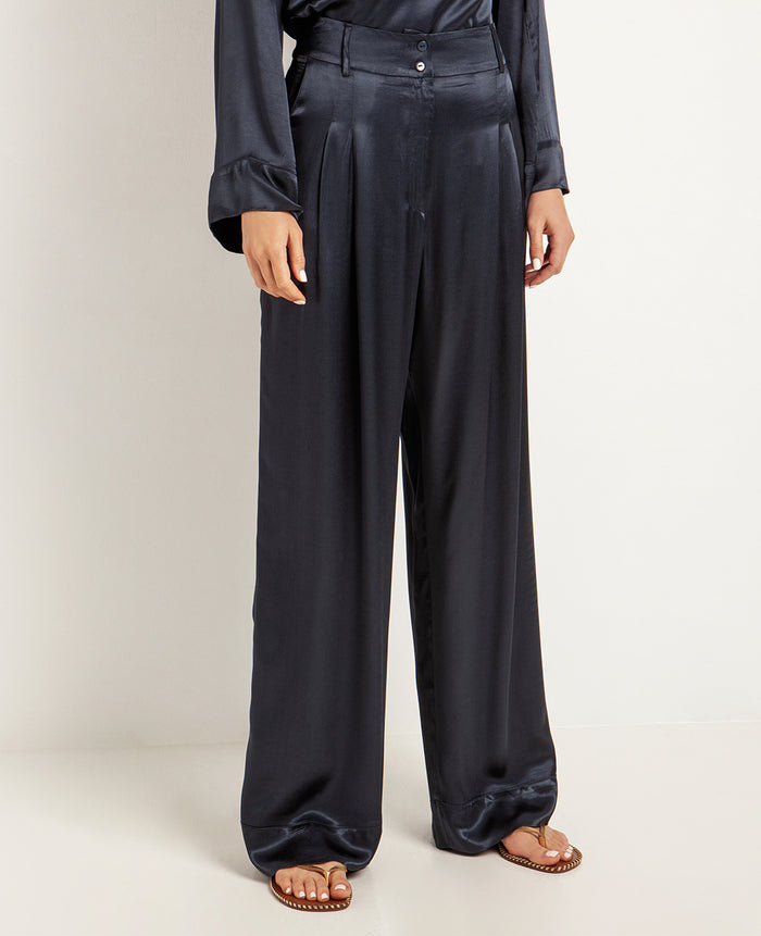 LONG VISCOSE PALAZZO PANTS "SILKY" - NAVY