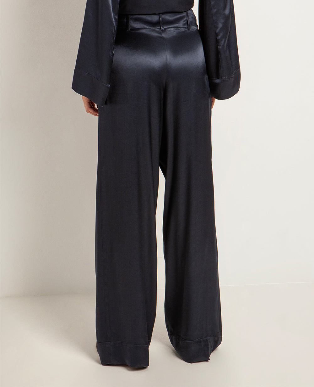 LONG VISCOSE PALAZZO PANTS "SILKY" - NAVY