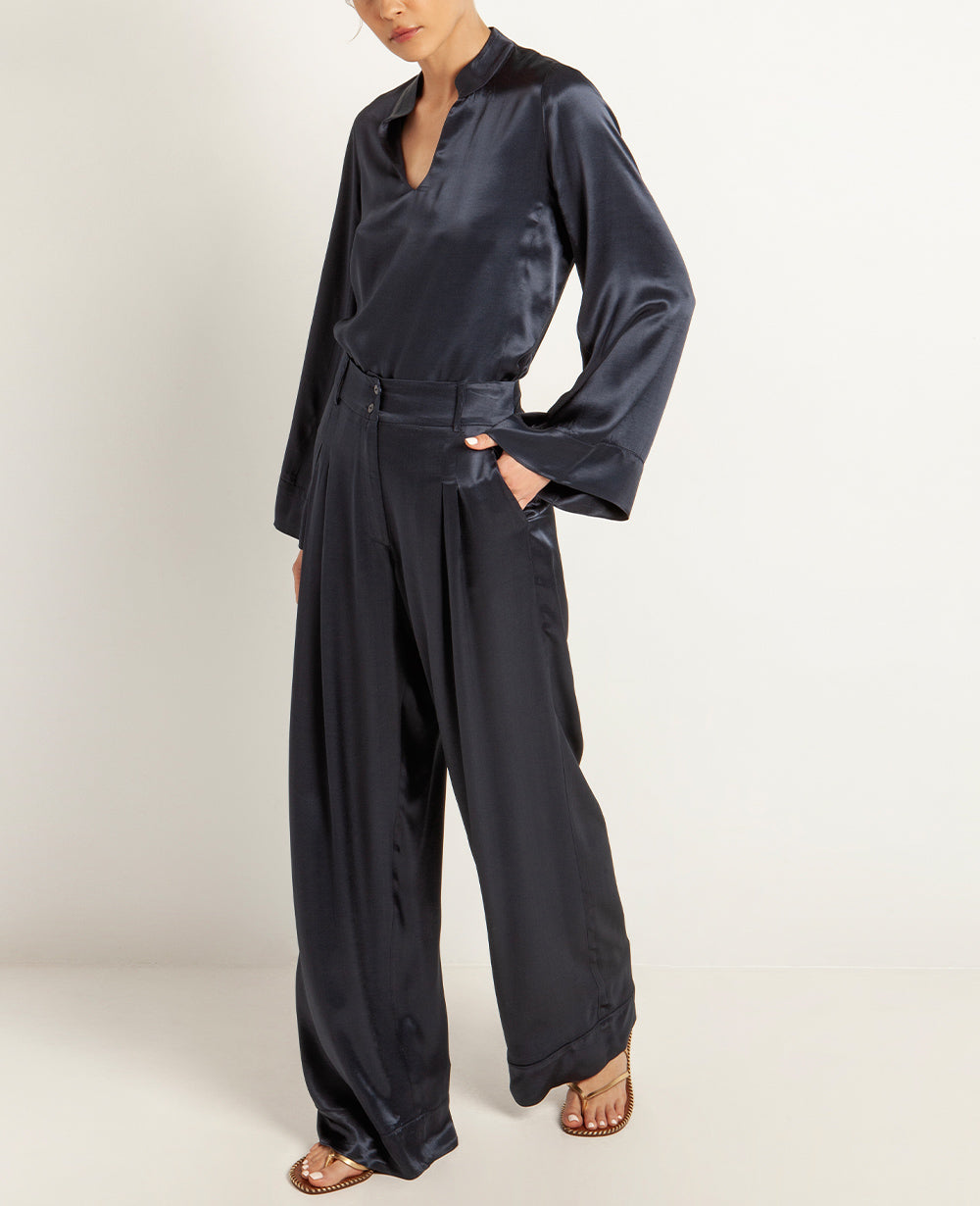 LONG VISCOSE PALAZZO PANTS "SILKY" - NAVY
